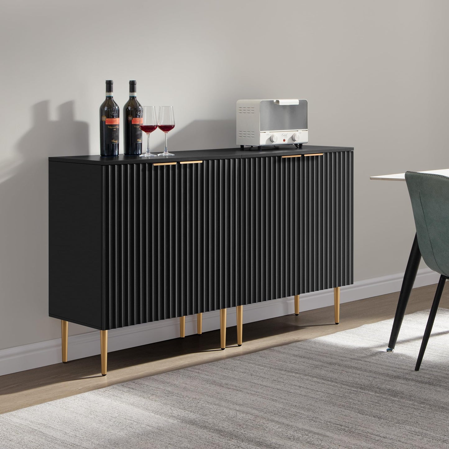 57" Modern Sideboard Buffet Cabinet with 4 Doors and Adjustable Shelf, Space-Saving Storage Console for Entryway, Kitchen, or Living Room, White