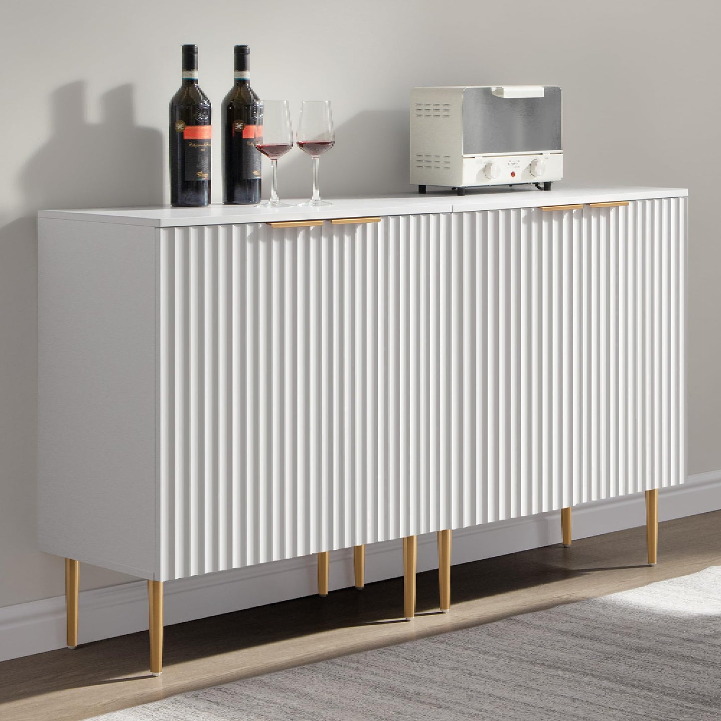 57" Modern Sideboard Buffet Cabinet with 4 Doors and Adjustable Shelf, Space-Saving Storage Console for Entryway, Kitchen, or Living Room, White