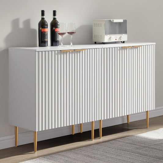 57" Modern Sideboard Buffet Cabinet with 4 Doors and Adjustable Shelf, Space-Saving Storage Console for Entryway, Kitchen, or Living Room, White
