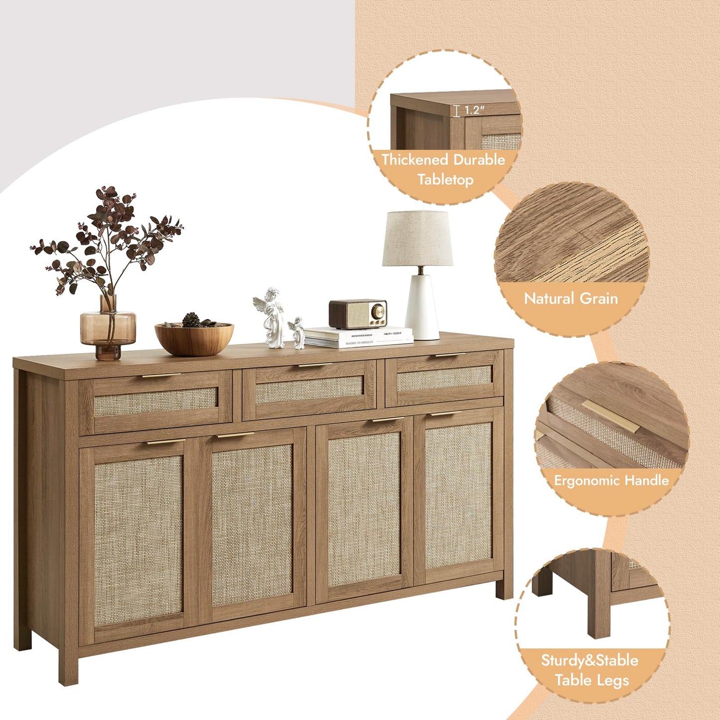 Boho Rattan Sideboard Buffet Cabinet with 4 Doors and 3 Drawers, Farmhouse Storage Credenza with Adjustable Shelves for Living Room, Hallway, or Kitchen