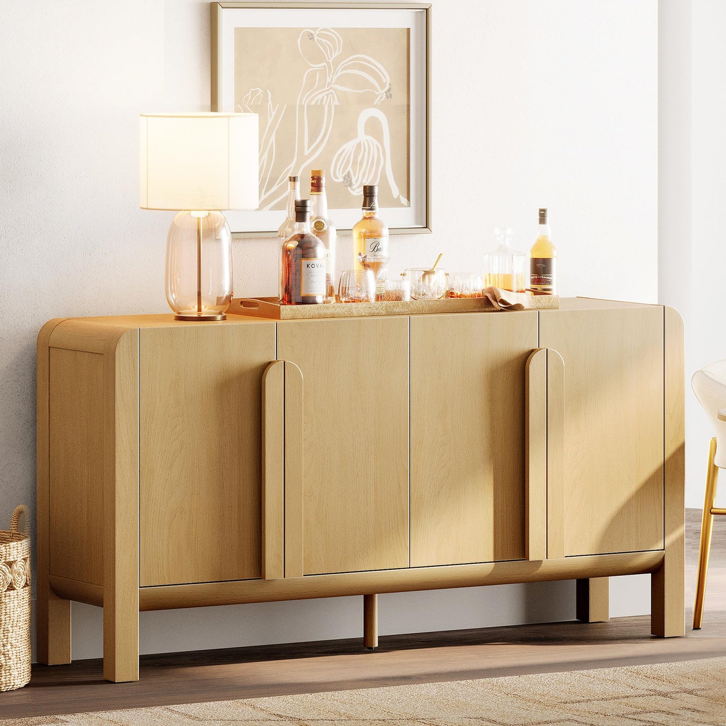 63" Wide Curved Buffet Sideboard Cabinet with 4 Doors, Modern Coffee Bar and Wine Bar Storage for Dining Room, Living Room, or Kitchen, Oak