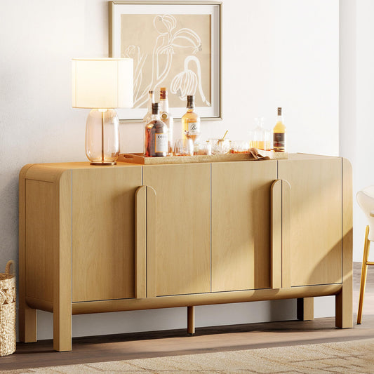 63" Wide Curved Buffet Sideboard Cabinet with 4 Doors, Modern Coffee Bar and Wine Bar Storage for Dining Room, Living Room, or Kitchen, Oak