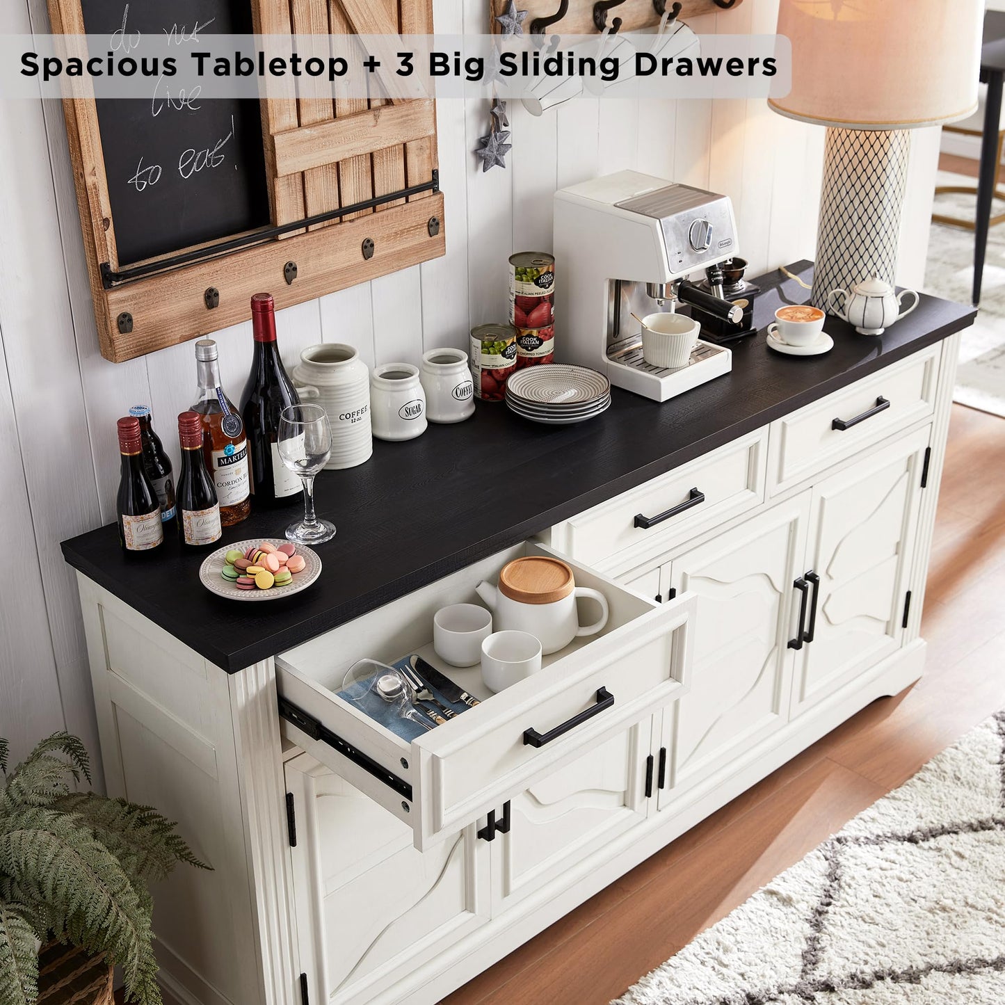 66" Large Buffet Sideboard Cabinet with 4 Doors and 3 Drawers, Storage Buffet Table for Dining or Living Room, Off White