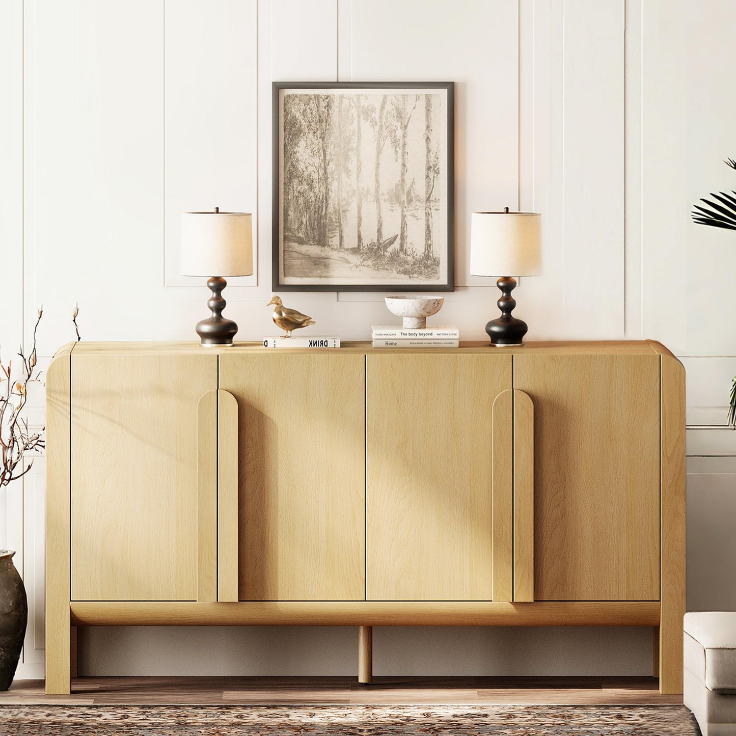 63" Wide Curved Buffet Sideboard Cabinet with 4 Doors, Modern Coffee Bar and Wine Bar Storage for Dining Room, Living Room, or Kitchen, Oak