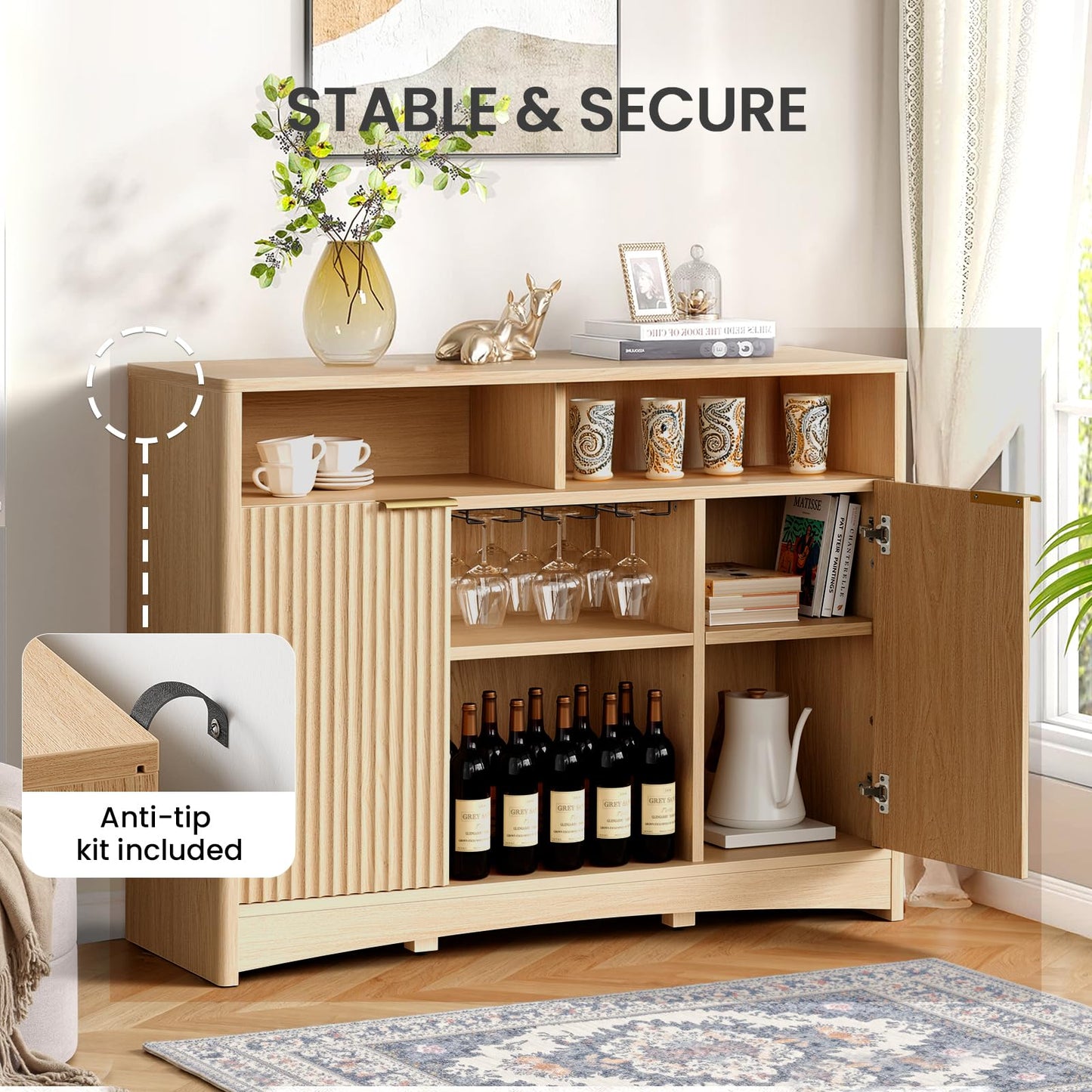 Coffee Bar Cabinet with Wine Glass Rack, 47" Buffet Sideboard with Adjustable Shelves and Soft-Close Hinges, Holds 200 lbs, Natural Oak