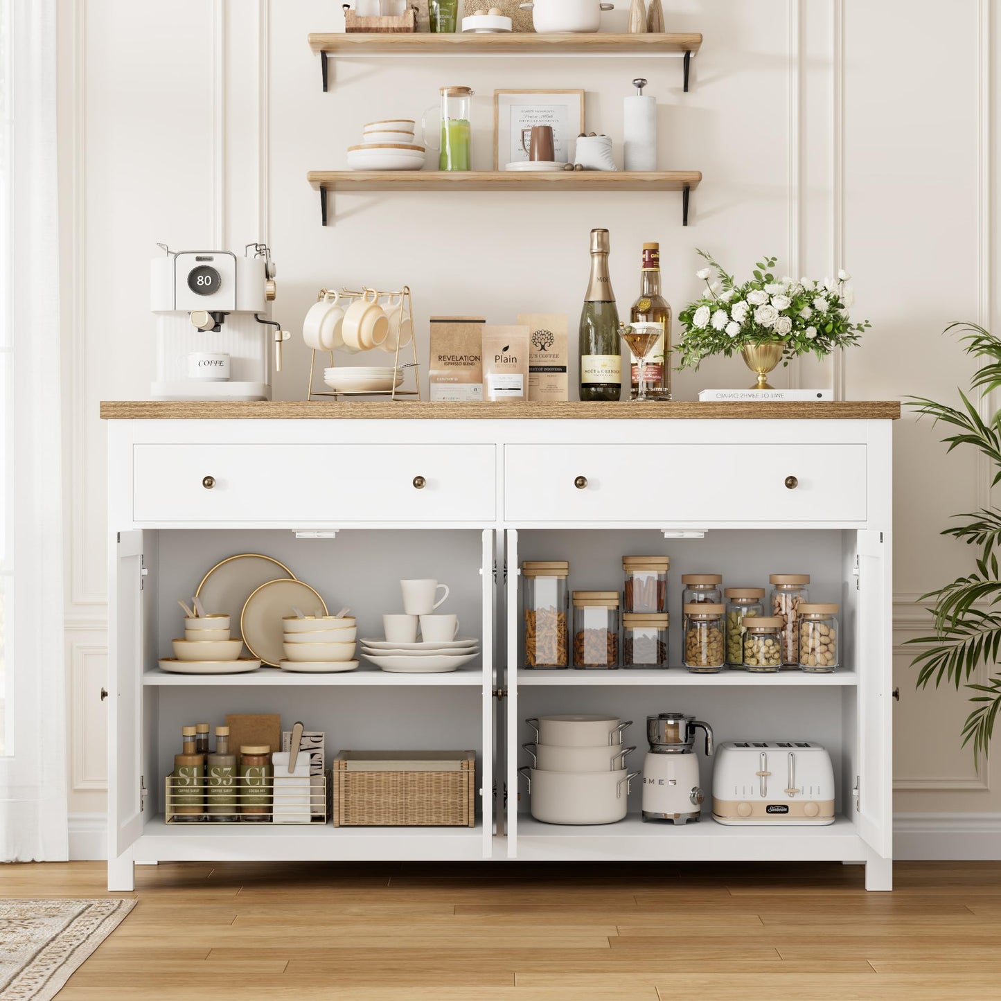 55" Large Sideboard Buffet Cabinet with 2 Drawers and 4 Doors, Wood Storage Buffet Table for Kitchen or Dining Room, White