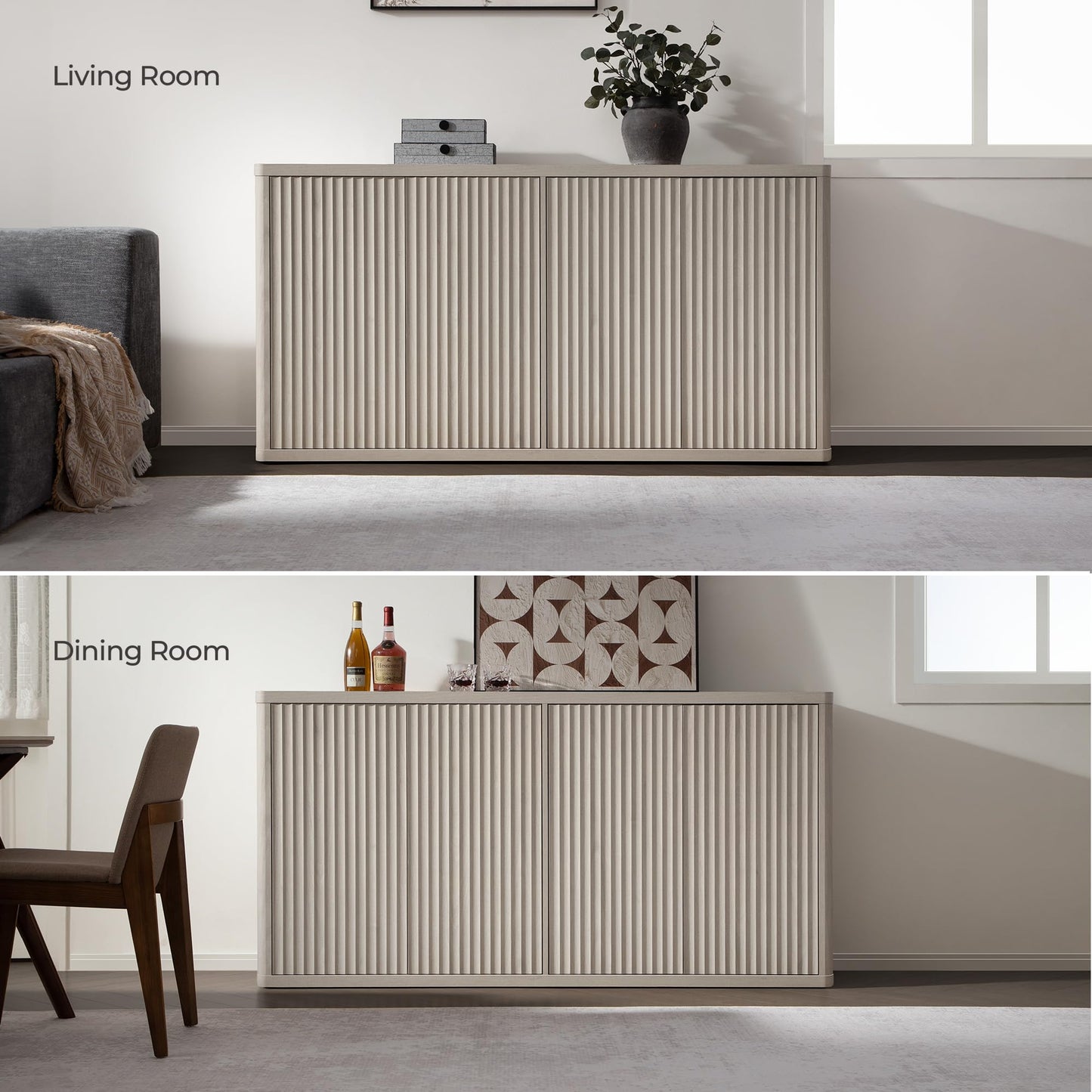 SICOTAS 66.3" Fluted Buffet Cabinet with Storage, Modern Sideboard with 4 Doors, Wide Credenza Buffet Table Media Console Cabinet for Entryway, Kitchen, Dining Room, Living Room, or Hallway
