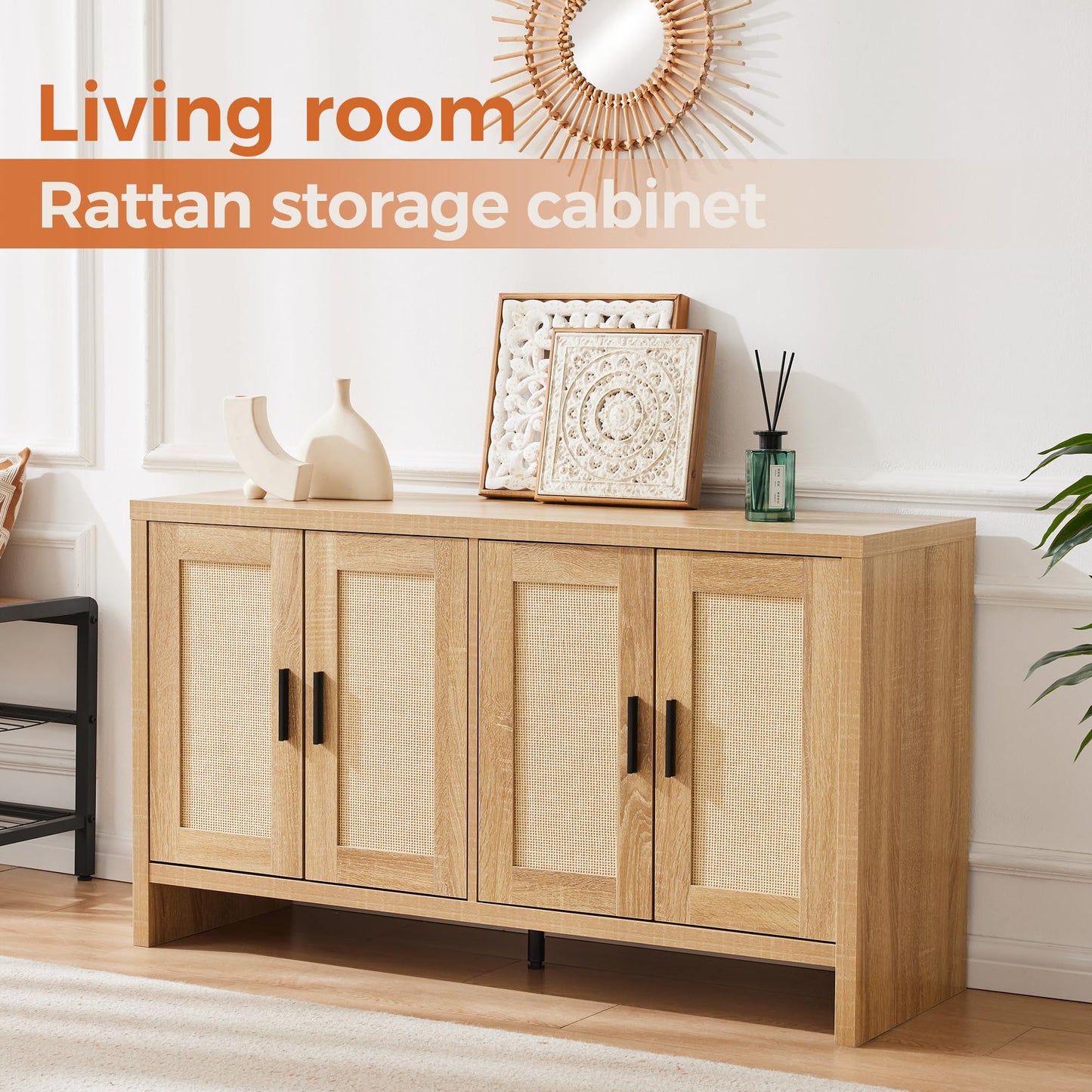 **Rattan Buffet Cabinet with Storage, Sideboard with Doors and Adjustable Shelves, Farmhouse Coffee Bar Station, Modern Wood Cupboard for Kitchen, Living Room, or Dining Room**