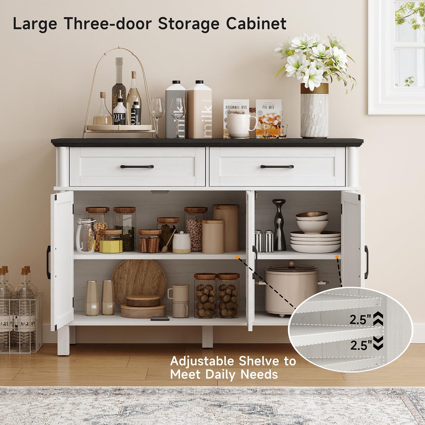 48" Farmhouse Buffet Sideboard Cabinet with 2 Drawers and 3 Doors, Wood Coffee Bar Cabinet with Adjustable Shelves for Kitchen or Living Room, Off White & Black