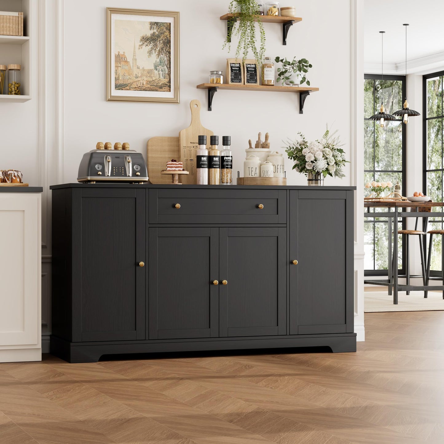 **HITHOS 54" Modern Buffet Cabinet with Storage, Black Kitchen Sideboard with Drawer, Wood Coffee Bar with Adjustable Shelves for Living Room**