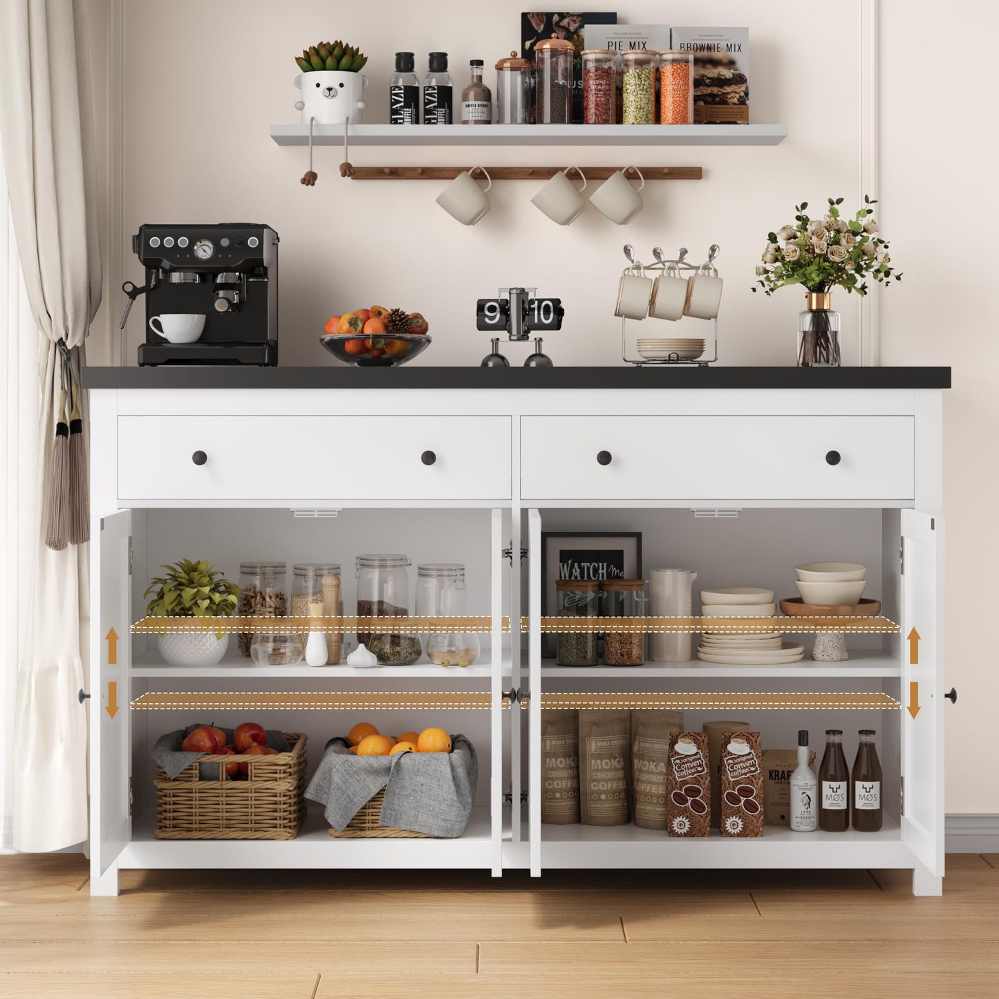 55" Large Sideboard Buffet Cabinet with 2 Drawers and 4 Doors, Wood Storage Buffet Table for Kitchen or Dining Room, White/Black