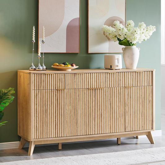 **T4TREAM 60" Fluted Modern Buffet Sideboard Cabinet with Storage, Large Buffet Table with 3 Drawers & 4 Doors for Dining Room, Living Room, or Hallway, Natural Oak**