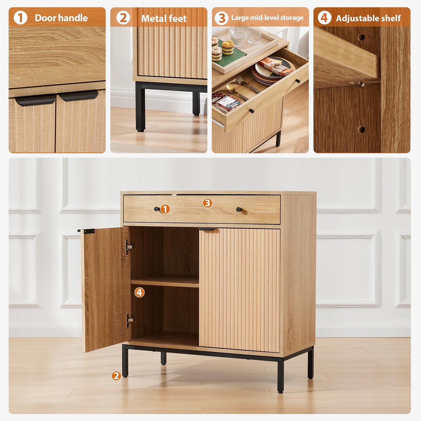 **Farmhouse Sideboard Buffet Cabinet with Drawer, Coffee Bar Station Table, Kitchen Storage Cabinet with Doors and Adjustable Shelves, Modern Wood Cupboard for Dining Room, Living Room, and Entryway**