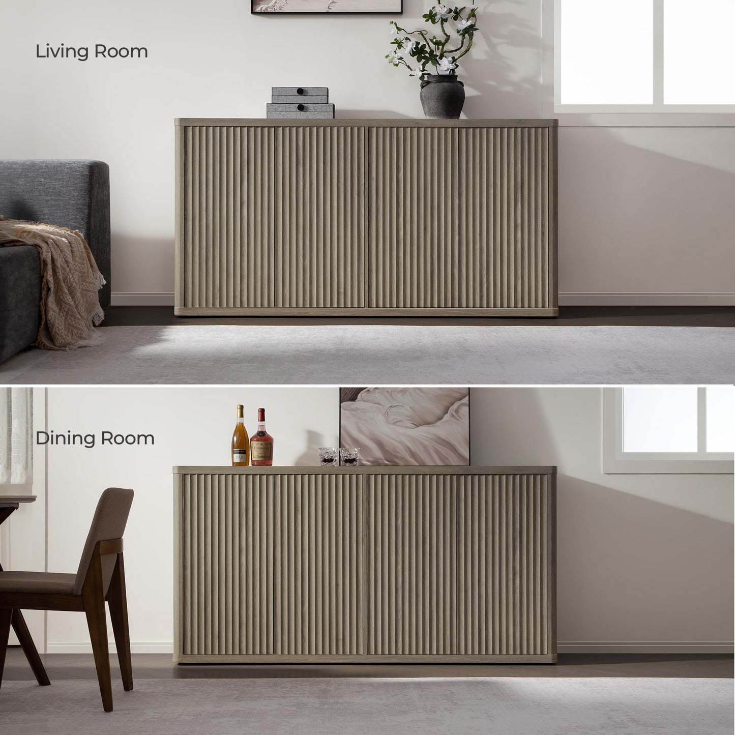 SICOTAS 66.3" Modern Fluted Buffet Cabinet with Storage, Accent Sideboard with 4 Doors, Wide Credenza Buffet Table Media Console Cabinet for Entryway, Kitchen, Dining Room, Living Room, or Hallway