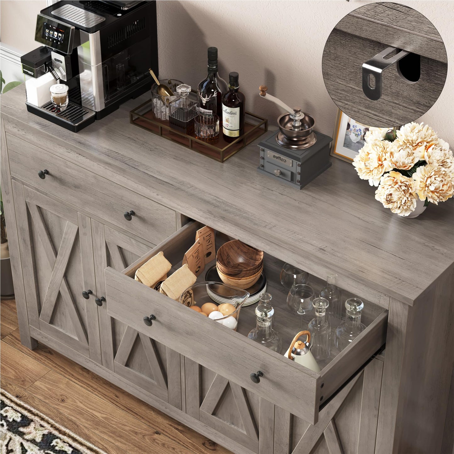 55" Large Sideboard Buffet Cabinet with 2 Drawers and 4 Doors, Wood Storage Buffet Table for Kitchen or Dining Room, Ash Grey