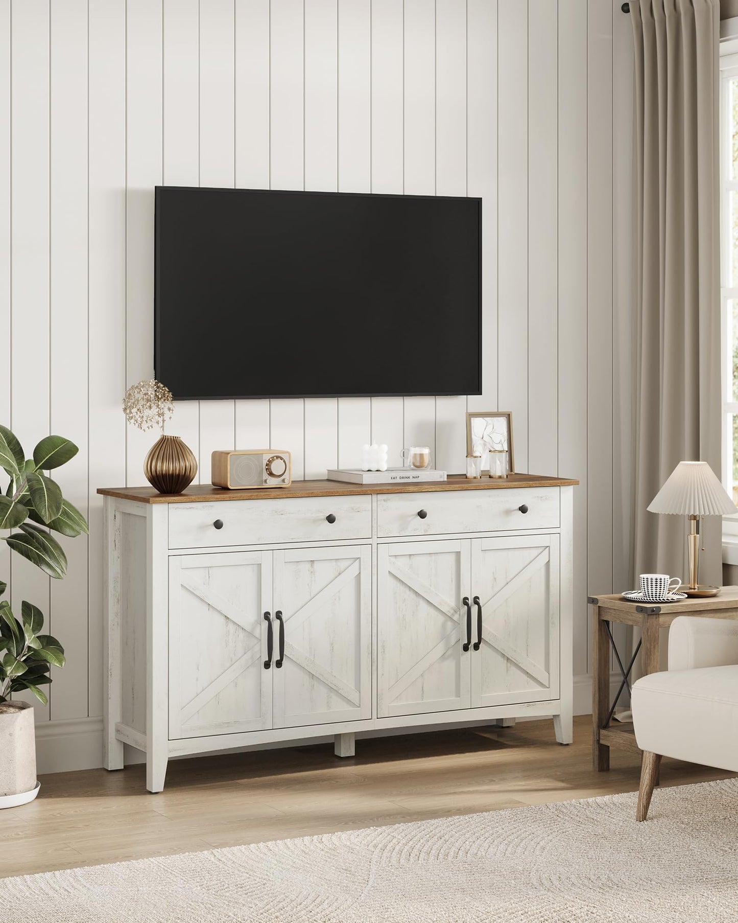 **Buffet Cabinet, Coffee Bar Cabinet with 2 Drawers, Adjustable Shelves, Sideboard Storage with Cable Holes and Drawer Dividers, Rustic White and Honey Brown**