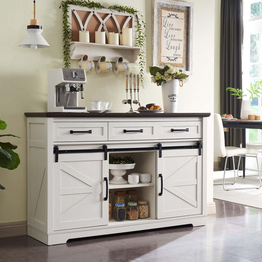 **Farmhouse Buffet Cabinet, 53" Sideboard with 3 Drawers, Rustic Storage Cabinet with Sliding Barn Door, Coffee Bar for Dining Room, Kitchen, Hallway, or Living Room, White**