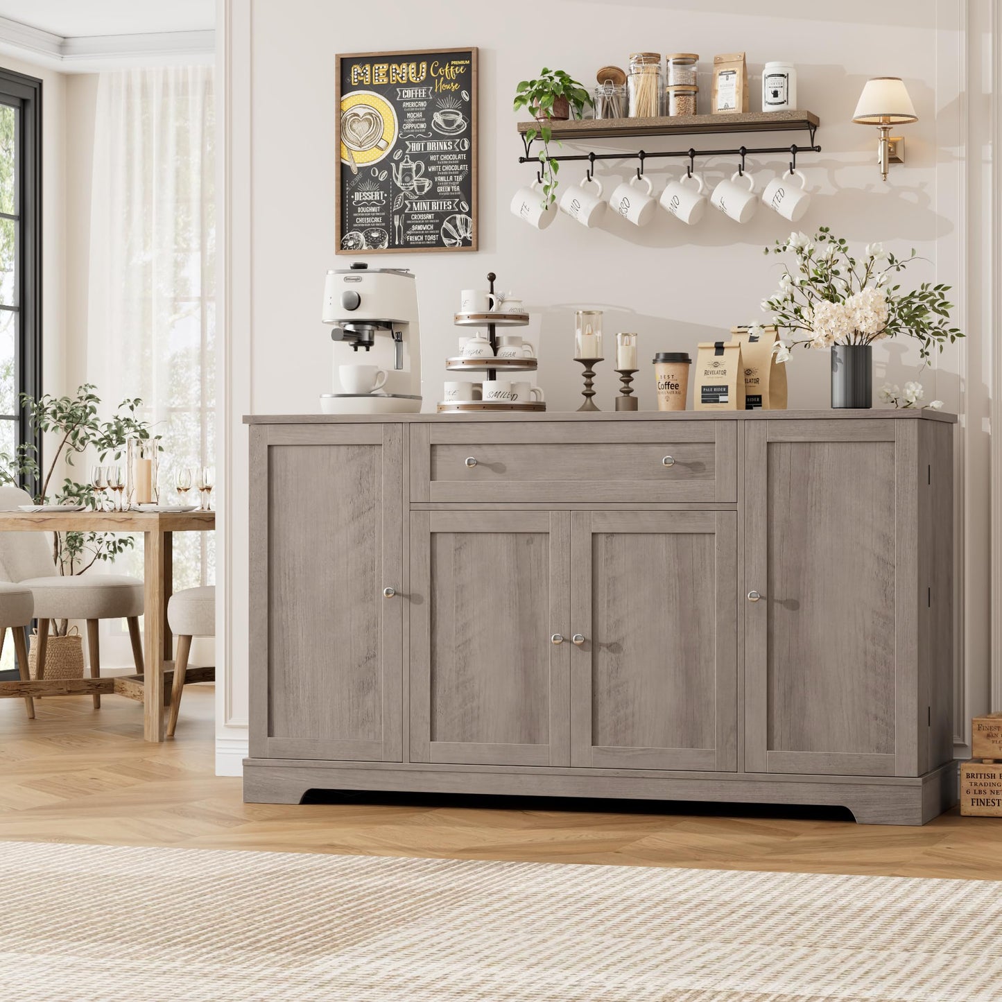 **HITHOS 54" Modern Buffet Cabinet with Storage, Ash Grey Kitchen Sideboard with Drawer, Wood Coffee Bar Station with Adjustable Shelves for Living Room**
