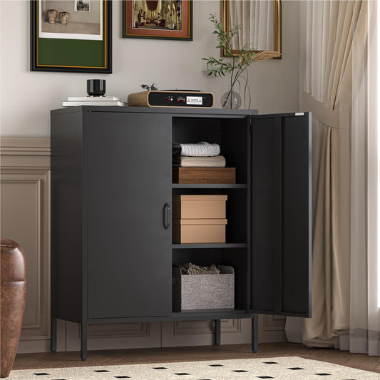 Metal Locker Storage Cabinet with 2 Doors and 4 Shelves, 39.96" Steel Floor Cabinet for Office, Home, Garage, Gym, or School, Black