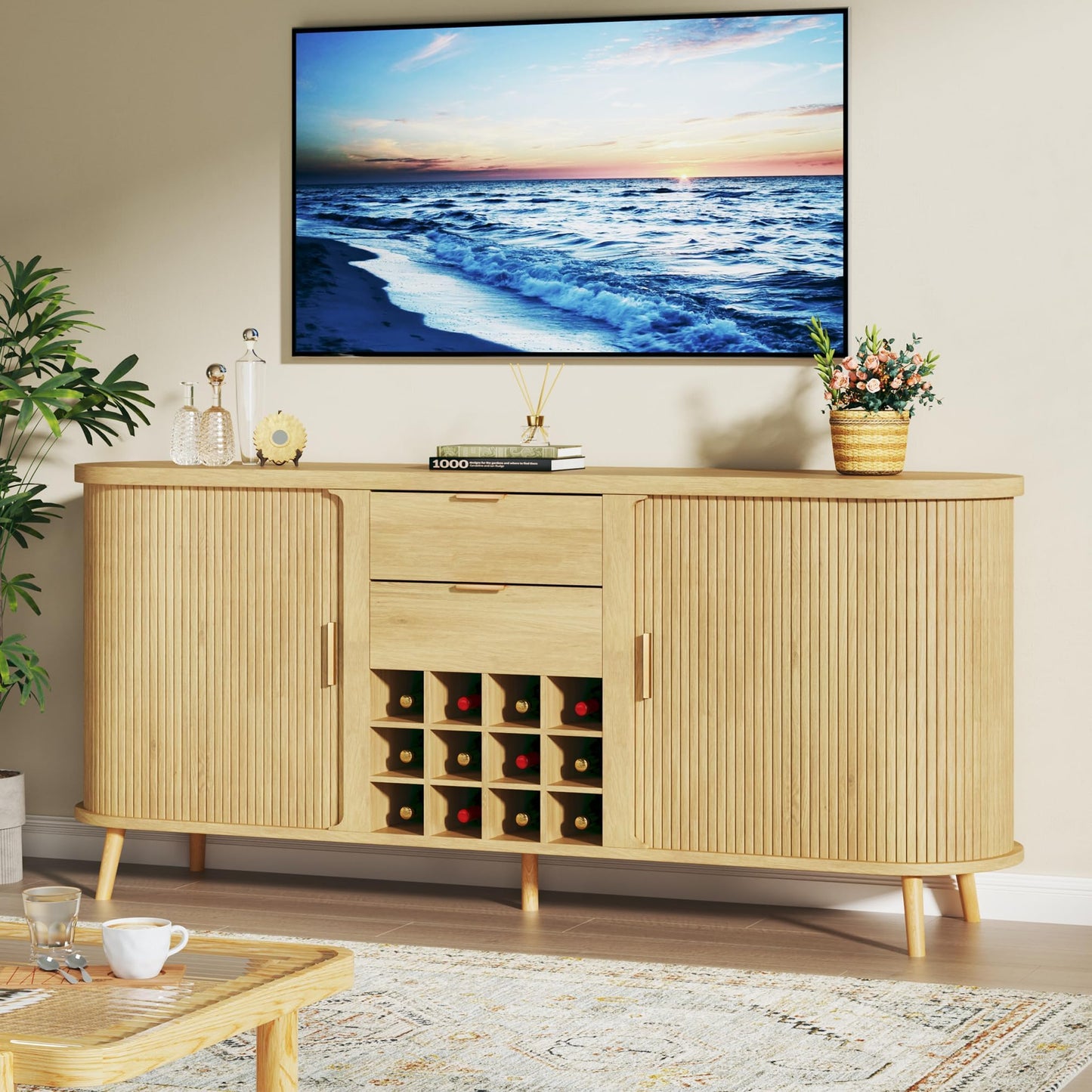 58" Fluted Buffet Cabinet with Drawers, Adjustable Shelves, and 12 Wine Racks, Mid-Century Modern Sideboard for Kitchen or Living Room, Natural Oak