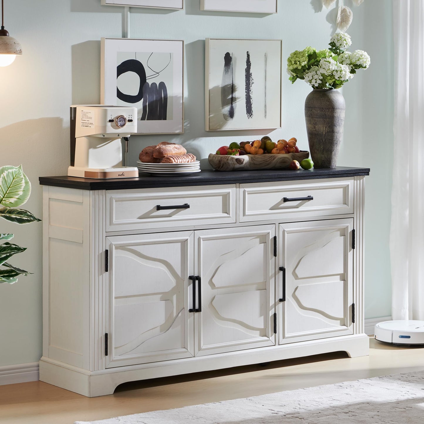 55" Large Buffet Sideboard Cabinet with 3 Doors and 2 Drawers, Storage Buffet Table for Dining or Living Room, Off White