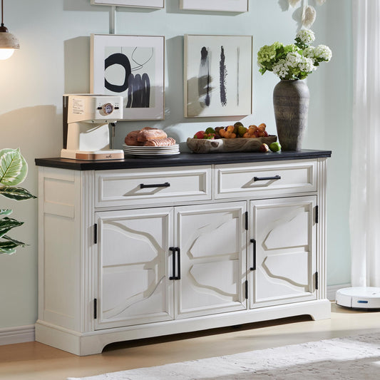 55" Large Buffet Sideboard Cabinet with 3 Doors and 2 Drawers, Storage Buffet Table for Dining or Living Room, Off White