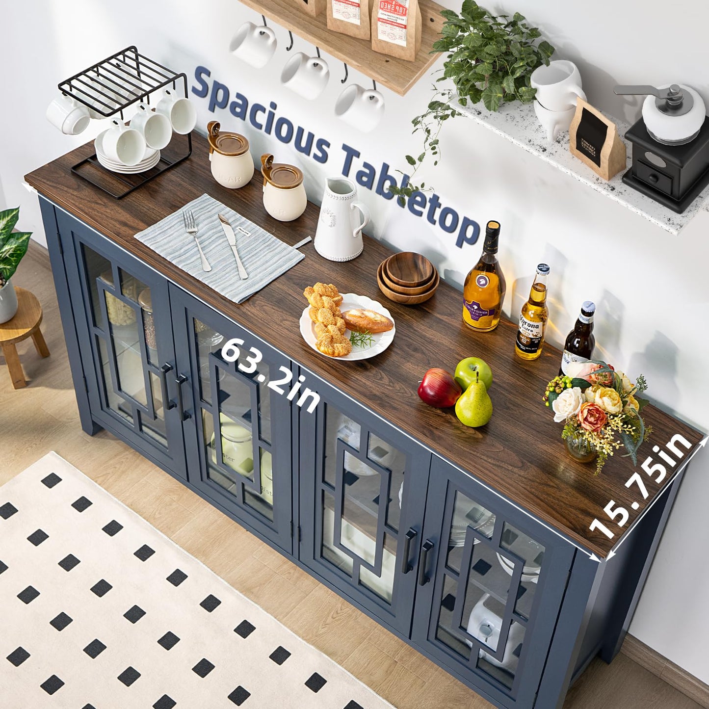 **63" Large Farmhouse Sideboard Buffet Cabinet with Storage, Navy Blue Wood Coffee & Wine Bar Cabinet with 4 Glass Doors, Mid-Century Modern Sideboard for Dining Room or Living Room**