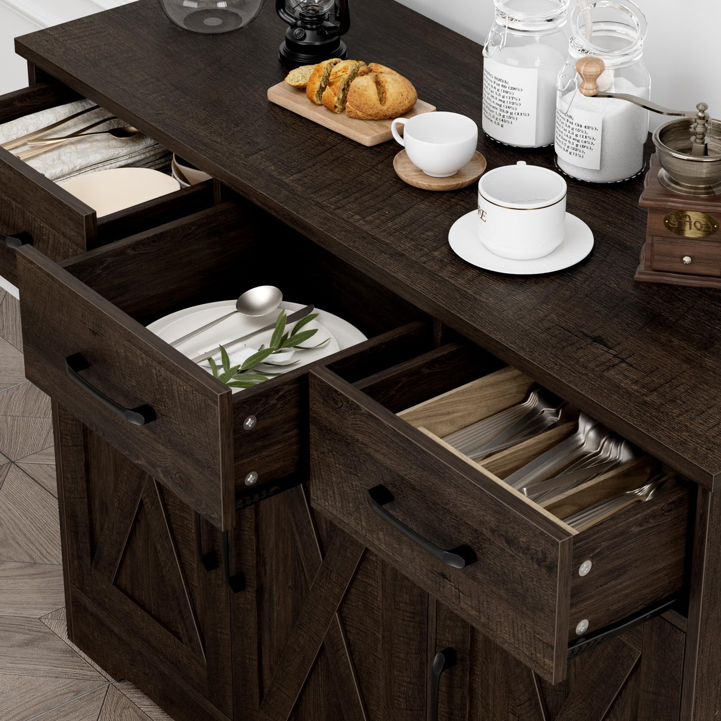 **HOSTACK Modern Farmhouse Buffet Sideboard Cabinet with Barn Doors, Drawers, and Shelves, Wood Coffee Bar Storage Cabinet for Dining Room, Kitchen, or Living Room, Dark Brown**