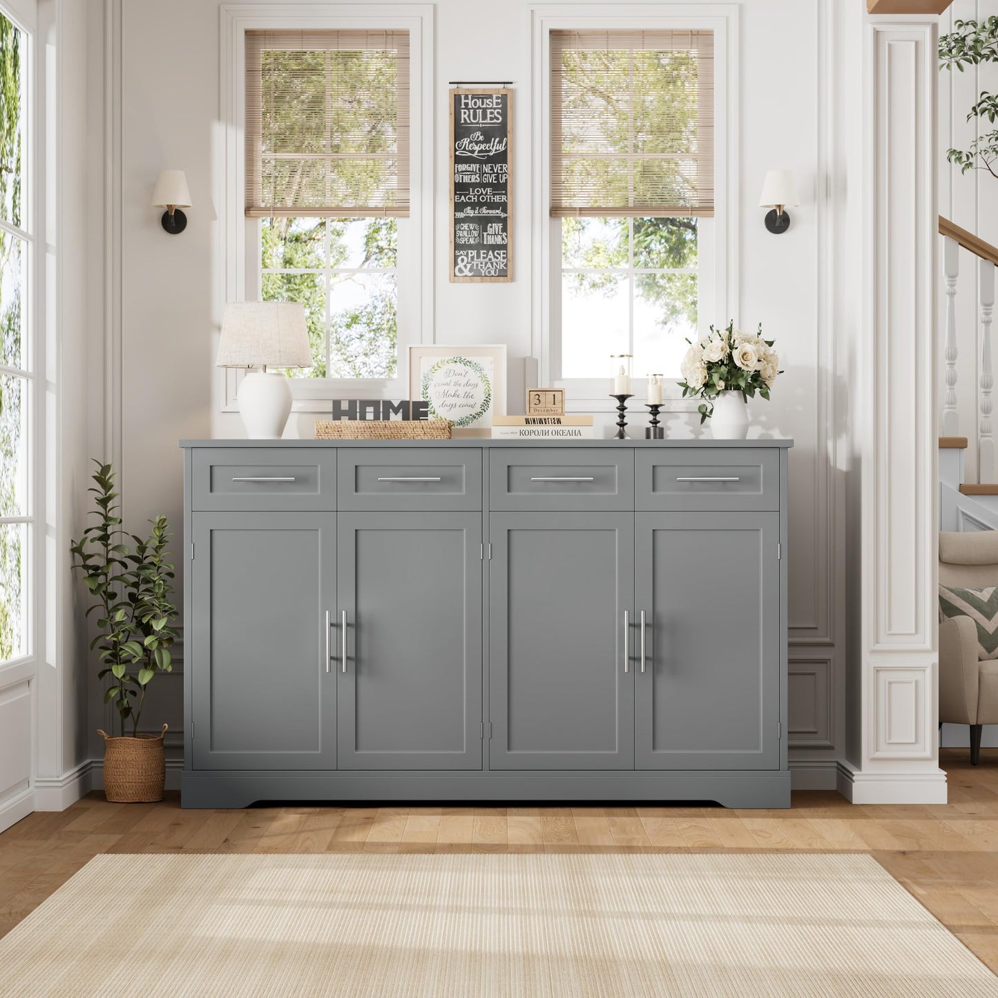 60" Large Buffet Sideboard with 4 Drawers and Storage, 36" Tall Modern Kitchen Cabinet with Gold Handles, Grey