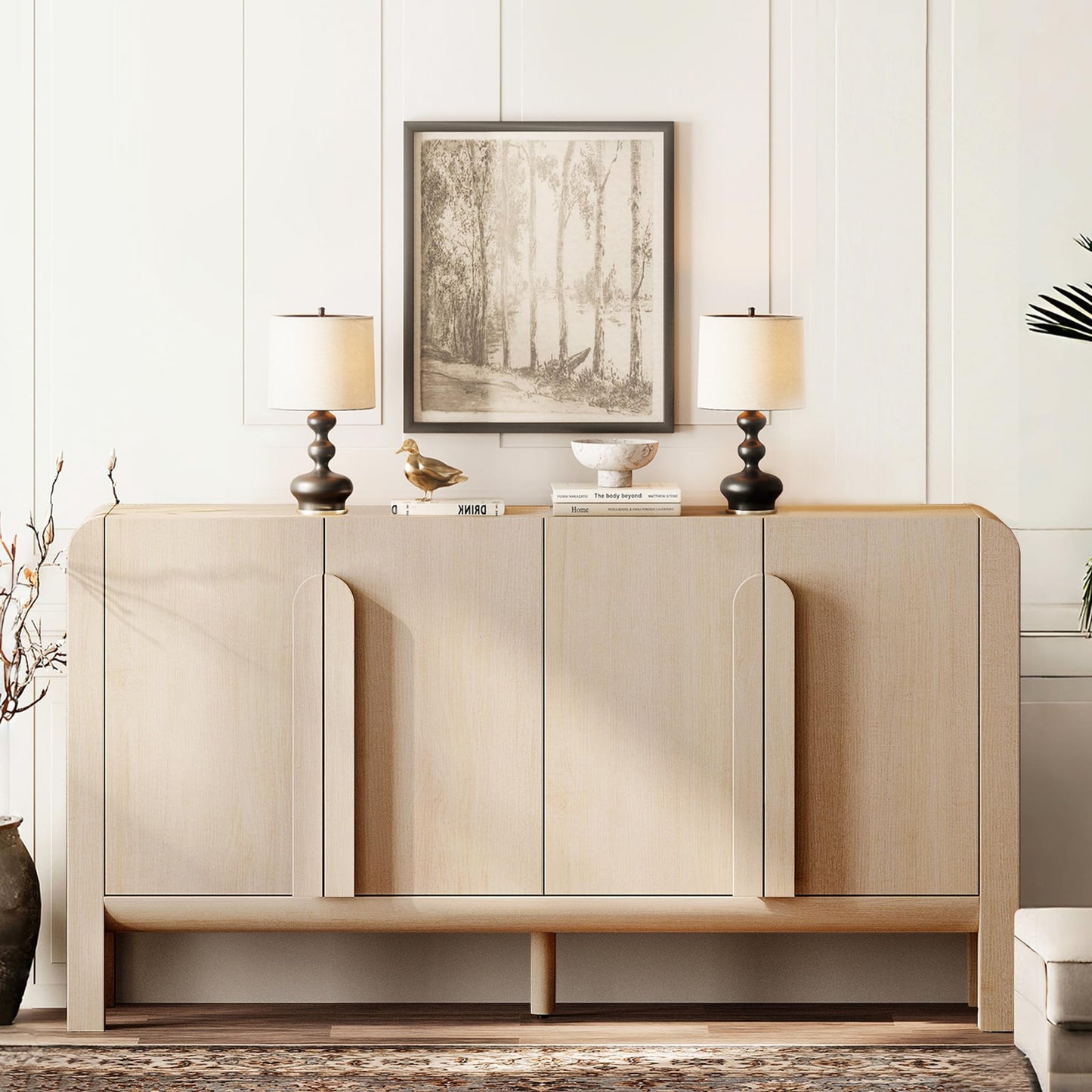 63" Large Curved Buffet Sideboard Cabinet with 4 Doors, Modern Coffee Bar and Wine Bar Storage for Dining Room, Living Room, or Kitchen, Light Oak