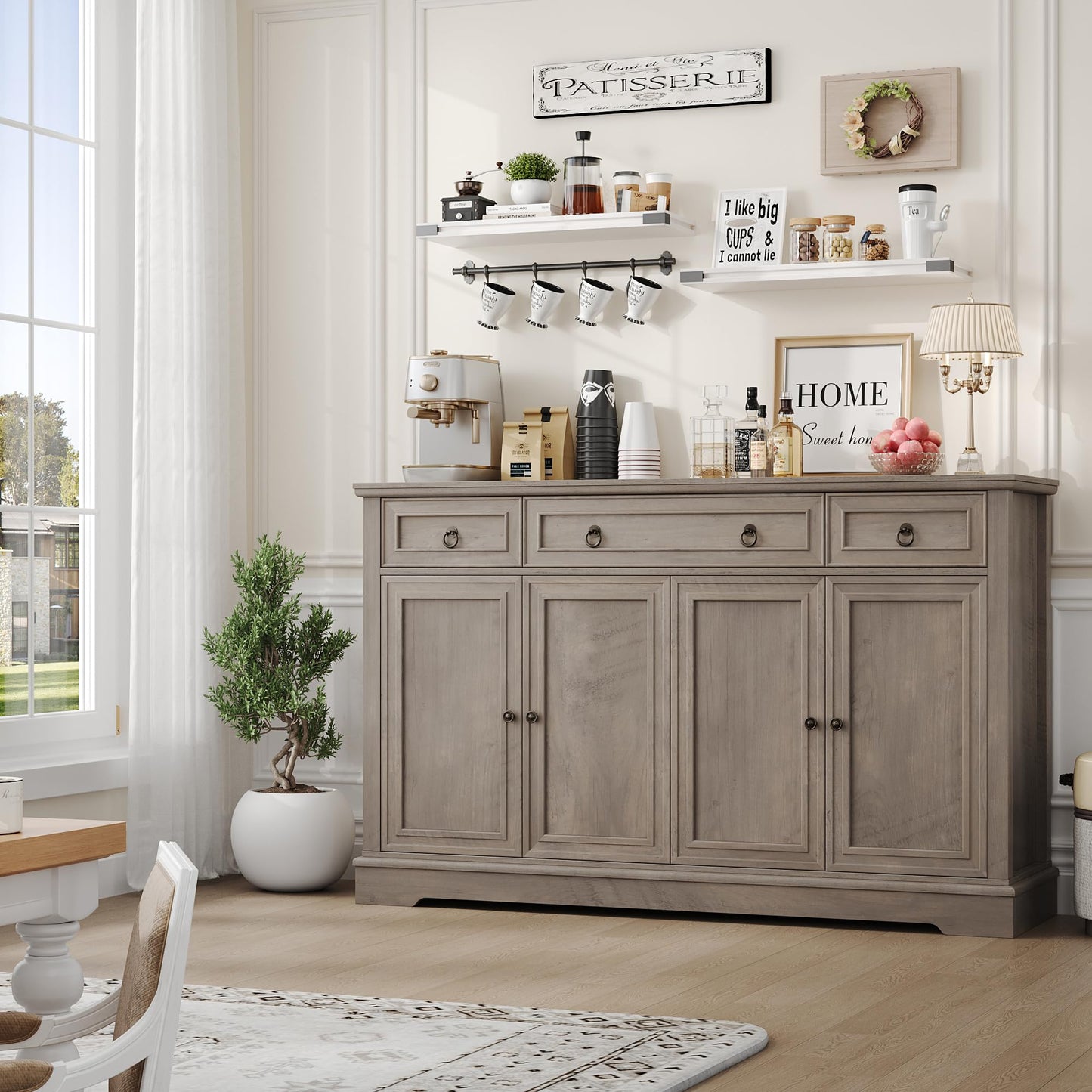 FINETONES 52.7" Large Buffet Cabinet with Storage, Modern Sideboard with 3 Drawers and 4 Doors, Wooden Coffee Bar Cabinet for Kitchen, Dining Room, Living Room, or Home Office, Ash Grey