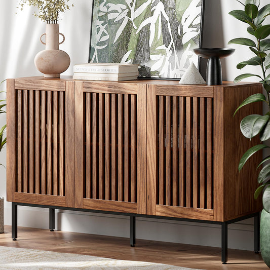 **47" Buffet Cabinet, Modern Credenza Storage Cabinet with Adjustable Shelves and Metal Base, Wood Multifunctional Console Table for Kitchen, Living Room, and Entryway, Brown**