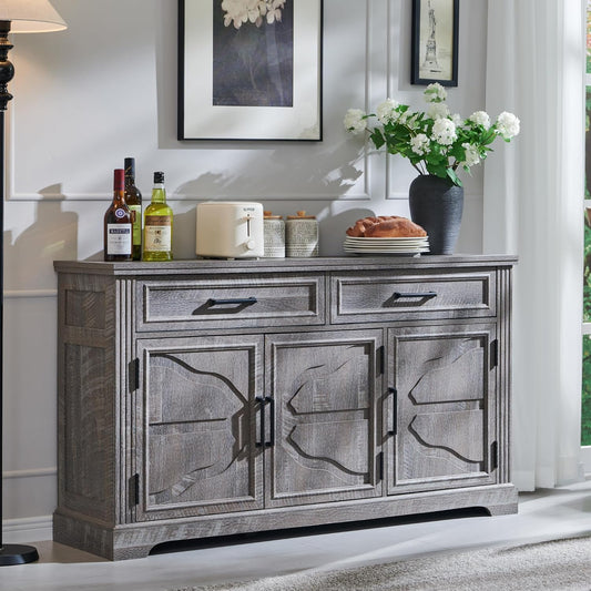 **55" Large Buffet Sideboard Cabinet with 3 Doors and 2 Drawers, Buffet Table Coffee Bar Wine Bar Storage Cabinet for Dining Room or Living Room, Dark Grey**