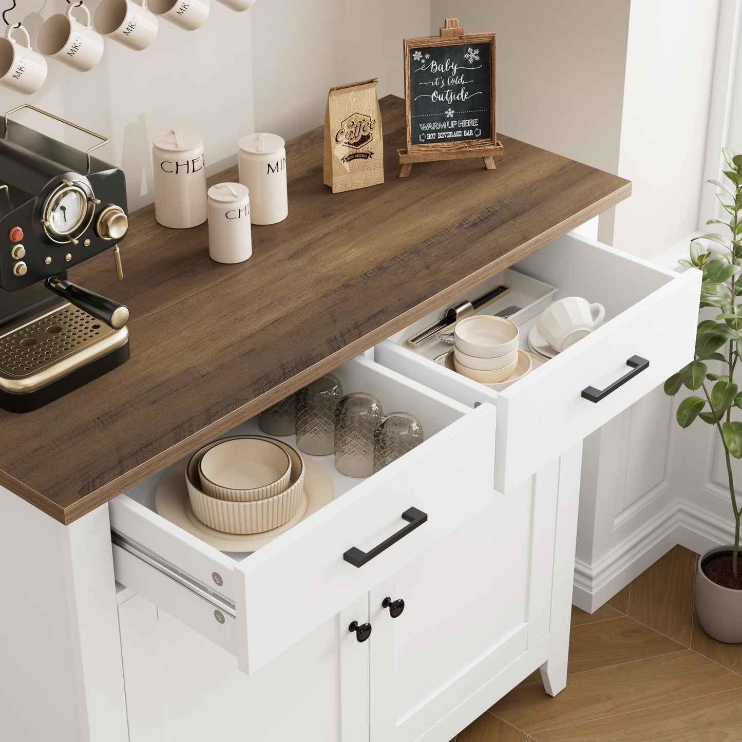 HORSTORS Modern Farmhouse Buffet Cabinet with Storage, Kitchen Sideboard Coffee Bar with 2 Drawers and 2 Doors, Floor Storage Cabinet for Living Room, Dining Room, or Bathroom, Ivory White