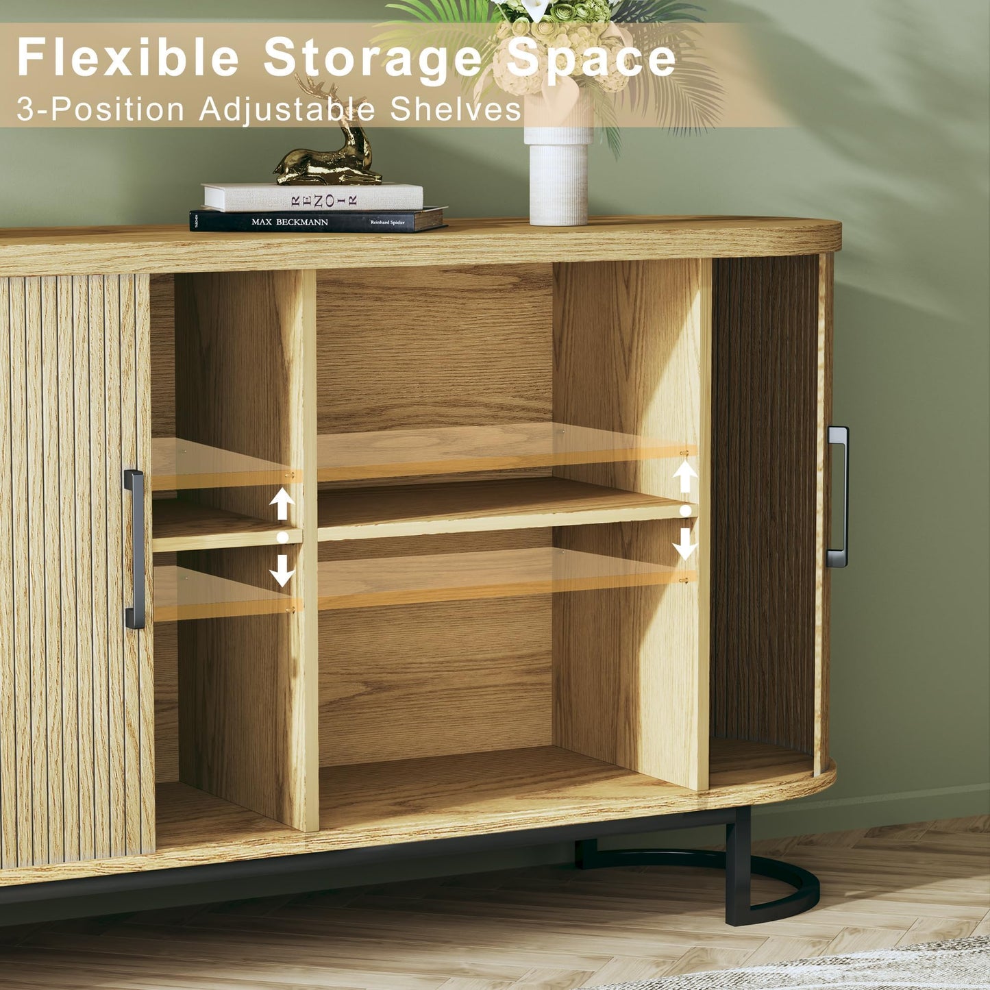 **54.3" Sideboard Buffet Cabinet with Storage, Fluted Tambour Doors, Adjustable Shelves, Mid-Century Modern Console Table for Living Room and Kitchen**