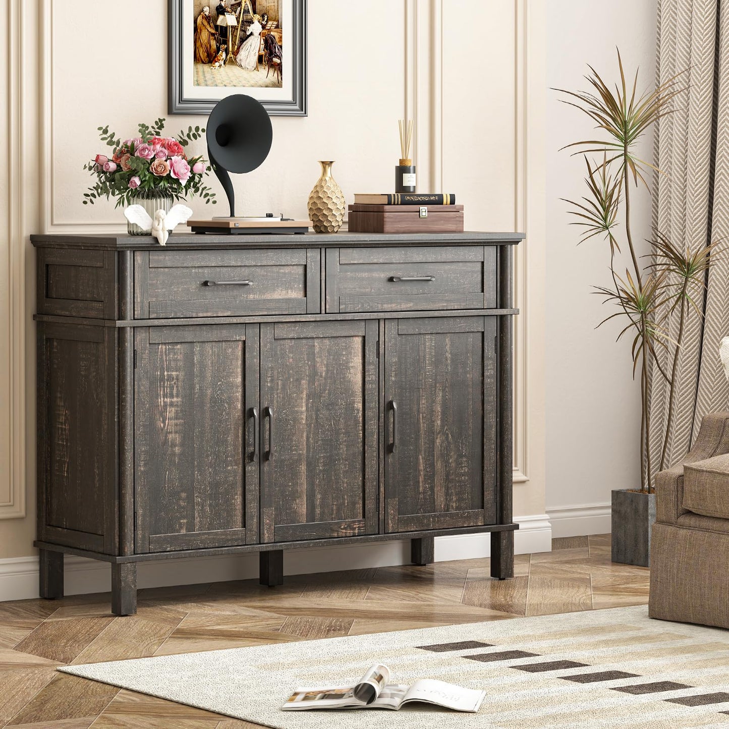 48" Farmhouse Buffet Sideboard Cabinet with 2 Drawers and 3 Doors, Wood Coffee Bar Cabinet with Adjustable Shelves for Kitchen or Living Room, Rustic Brown