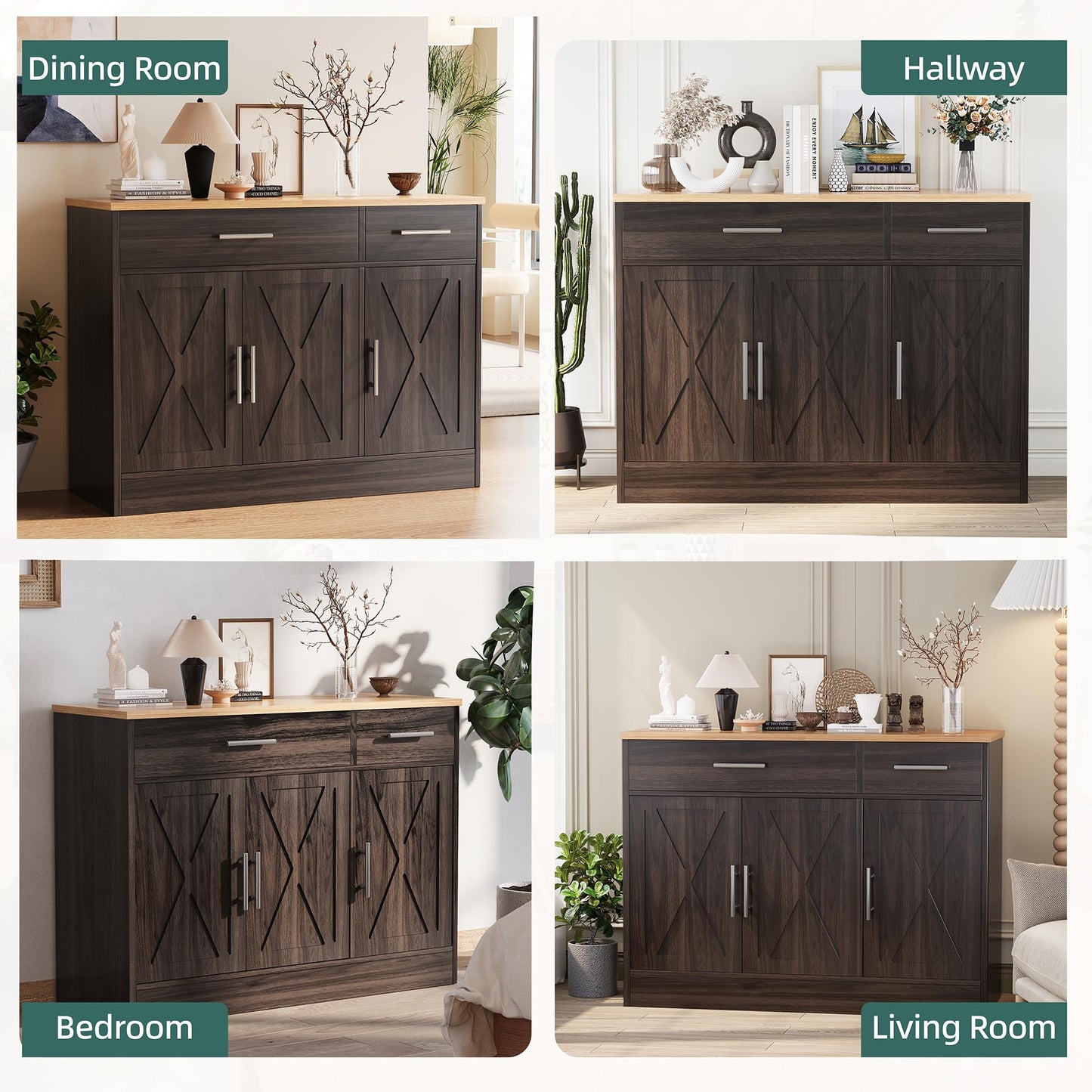 Modern Farmhouse Sideboard Buffet Cabinet with Barn Doors, 2 Drawers and 3 Doors, Adjustable Shelf for Kitchen or Living Room, Brown