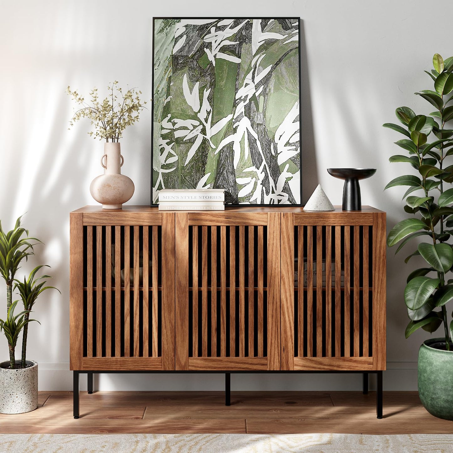**47" Buffet Cabinet, Modern Credenza Storage Cabinet with Adjustable Shelves and Metal Base, Wood Multifunctional Console Table for Kitchen, Living Room, and Entryway, Brown**