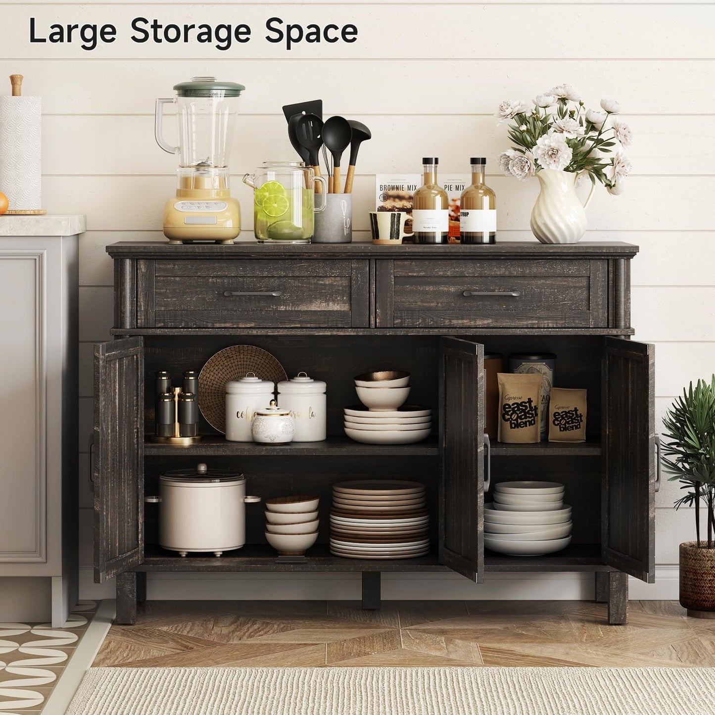 48" Farmhouse Buffet Sideboard Cabinet with 2 Drawers and 3 Doors, Wood Coffee Bar Cabinet with Adjustable Shelves for Kitchen or Living Room, Rustic Brown