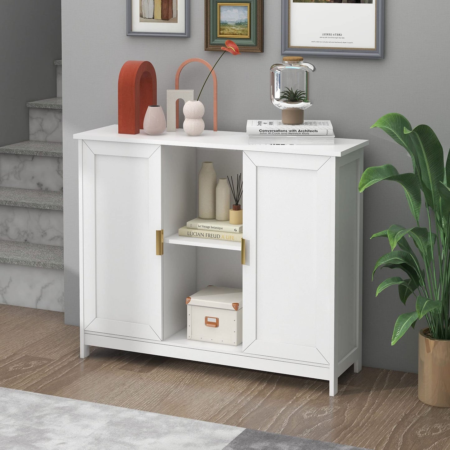 Black Buffet Cabinet with Storage, Modern Narrow Wooden Sideboard Accent Table for Living Room