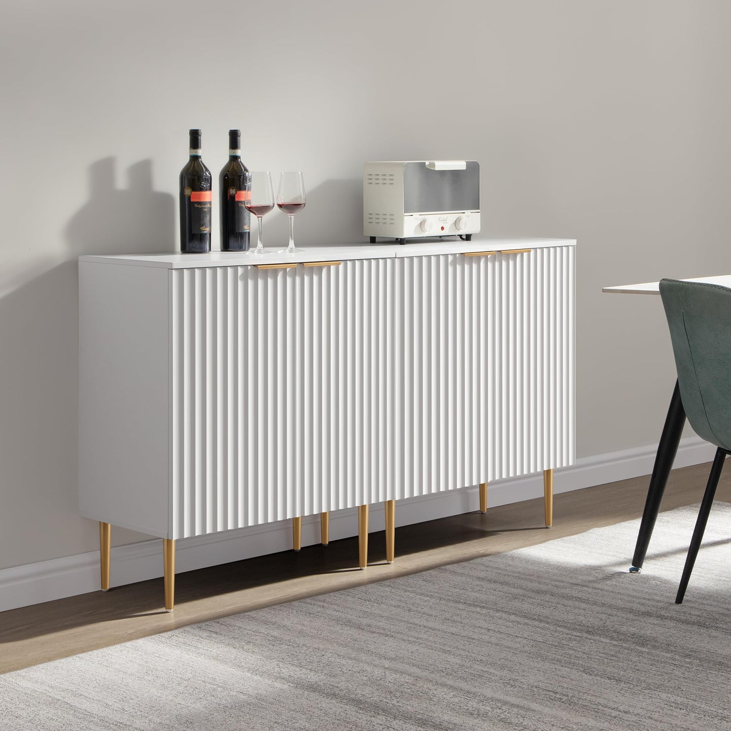 57" Modern Sideboard Buffet Cabinet with 4 Doors and Adjustable Shelf, Space-Saving Storage Console for Entryway, Kitchen, or Living Room, White