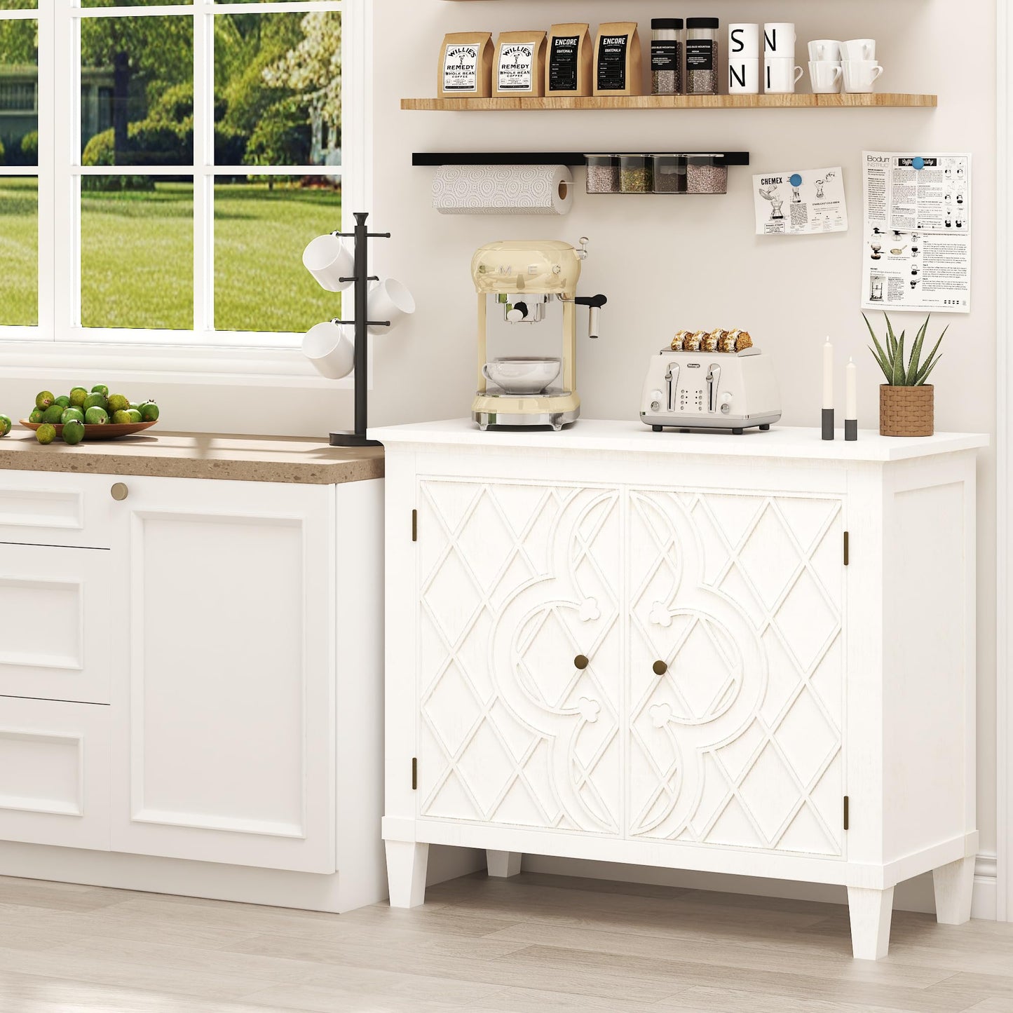 40" Coffee Bar Cabinet with Doors and Shelf, Wood Storage Sideboard with Carved Motif for Living Room, Kitchen, or Entryway, Distressed White