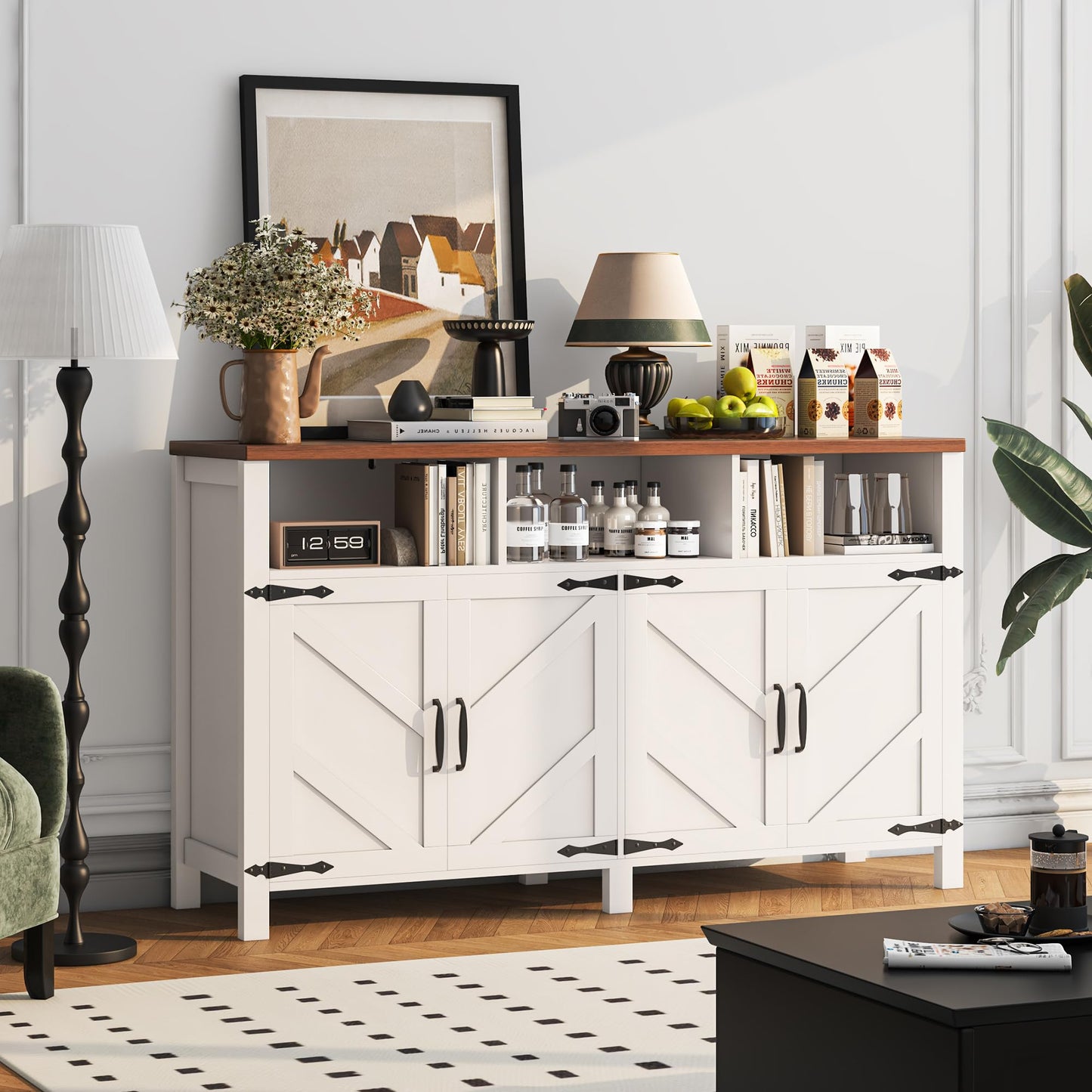 **YGEOMER Farmhouse Buffet Cabinet Sideboard with 3 Drawers and 2 Doors, Wood Coffee Bar Storage Cabinet for Kitchen or Dining Room**