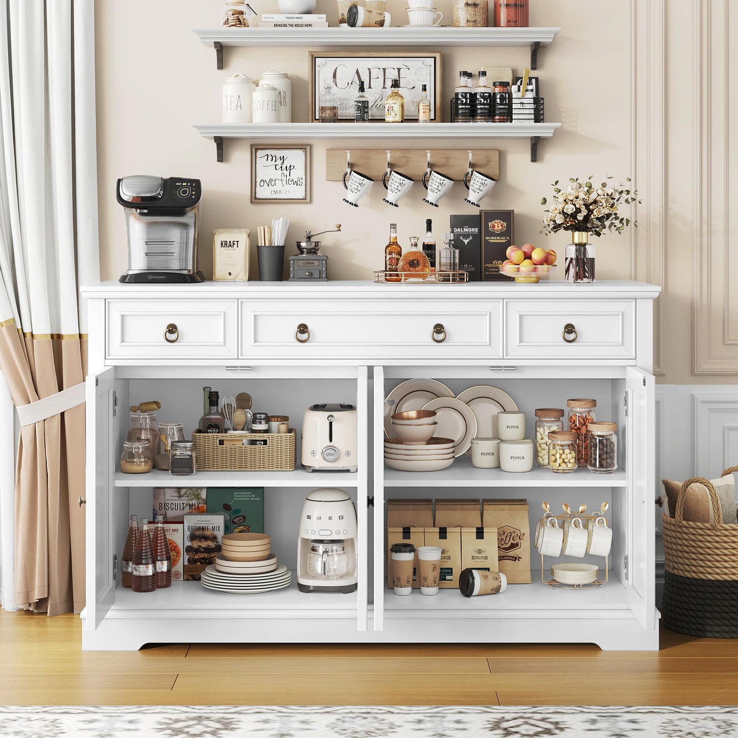 FINETONES 52.7" Large Buffet Cabinet with Storage, Modern Sideboard with 3 Drawers and 4 Doors, Wooden Coffee Bar Cabinet for Kitchen, Dining Room, or Living Room, White
