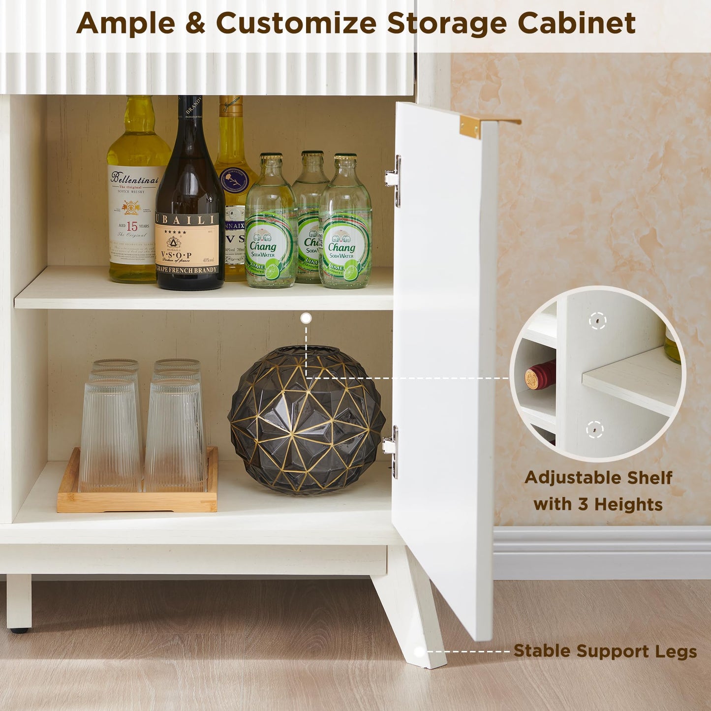 60" Fluted Buffet Cabinet with 3 Drawers and 2 Doors, Modern Wine and Coffee Bar Sideboard with Wine and Glass Racks, Adjustable Shelves for Kitchen or Dining, Antique White