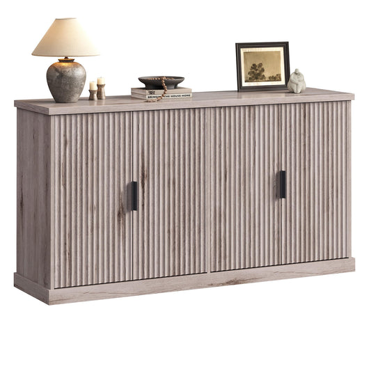 **Transitional Buffet Cabinet, Console Sideboard with Adjustable Shelves and Fluted Doors, Buffet Table for Kitchen or Pantry, Washed Gray**
