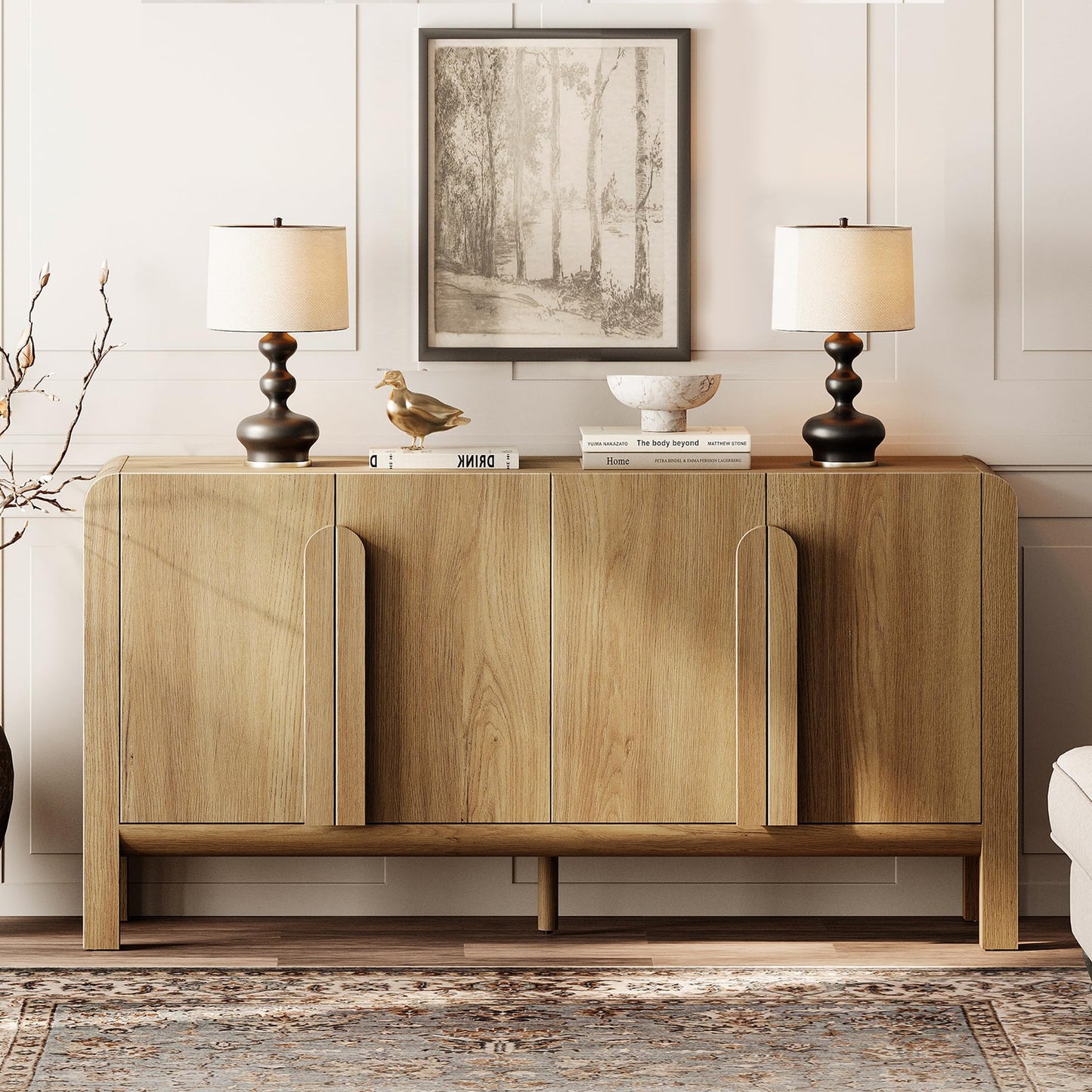 63" Large Curved Buffet Sideboard Cabinet with 4 Doors, Modern Coffee Bar and Wine Bar Storage for Dining Room, Living Room, or Kitchen, Light Walnut