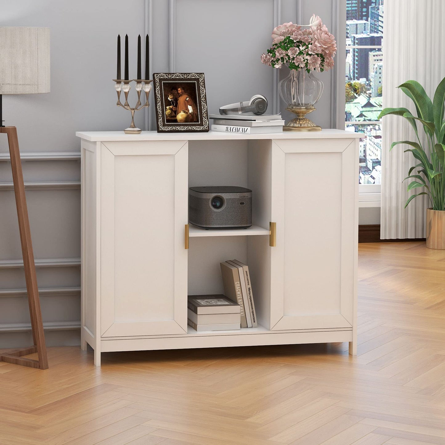 Black Buffet Cabinet with Storage, Modern Narrow Wooden Sideboard Accent Table for Living Room