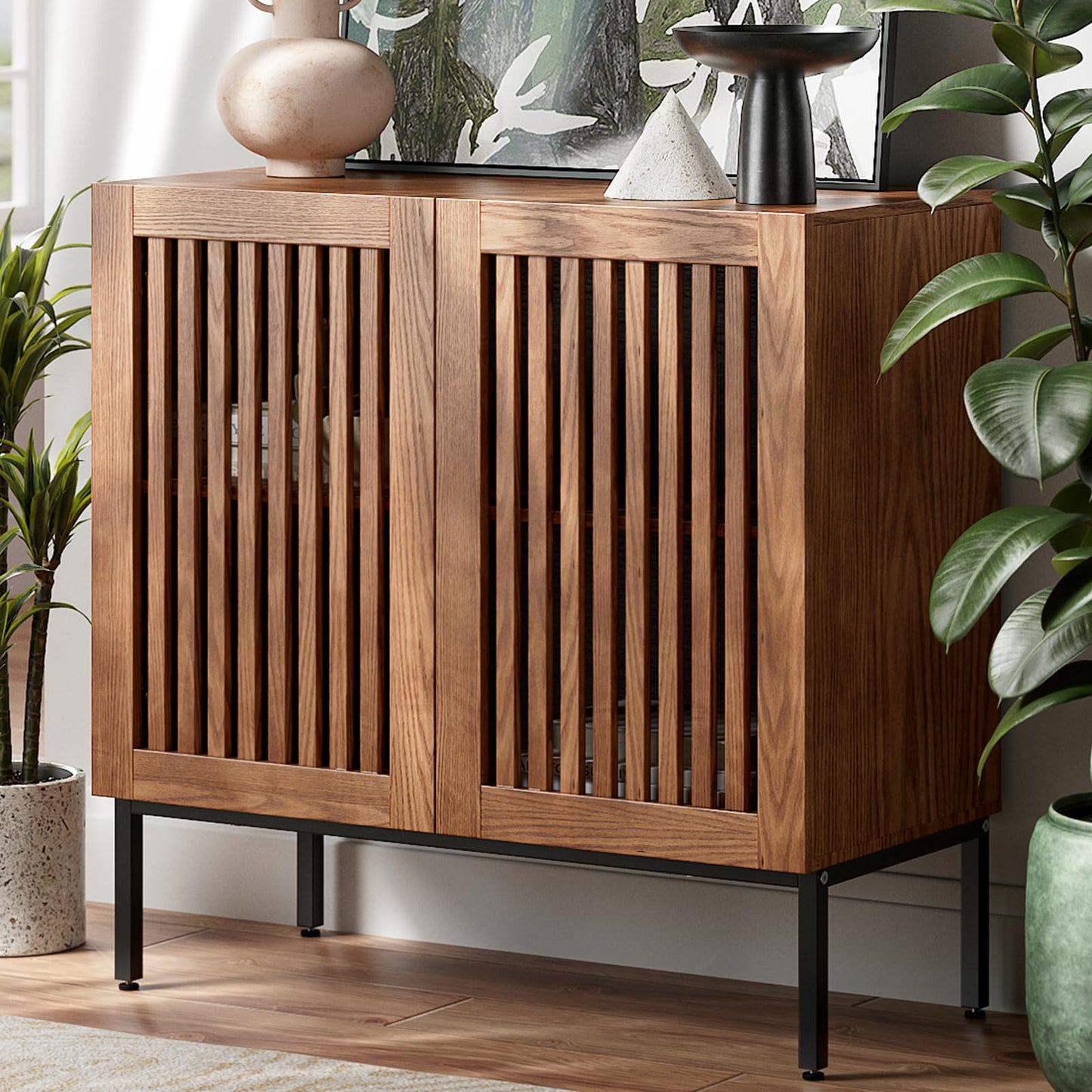 **32" Storage Cabinet, Modern Coffee Bar with Adjustable Shelf and Metal Base, Wood Multifunctional Console Table for Kitchen, Living Room, and Entryway, Brown**