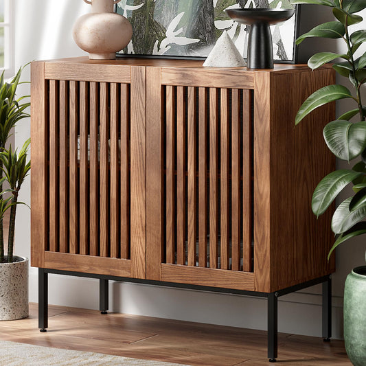 **32" Storage Cabinet, Modern Coffee Bar with Adjustable Shelf and Metal Base, Wood Multifunctional Console Table for Kitchen, Living Room, and Entryway, Brown**